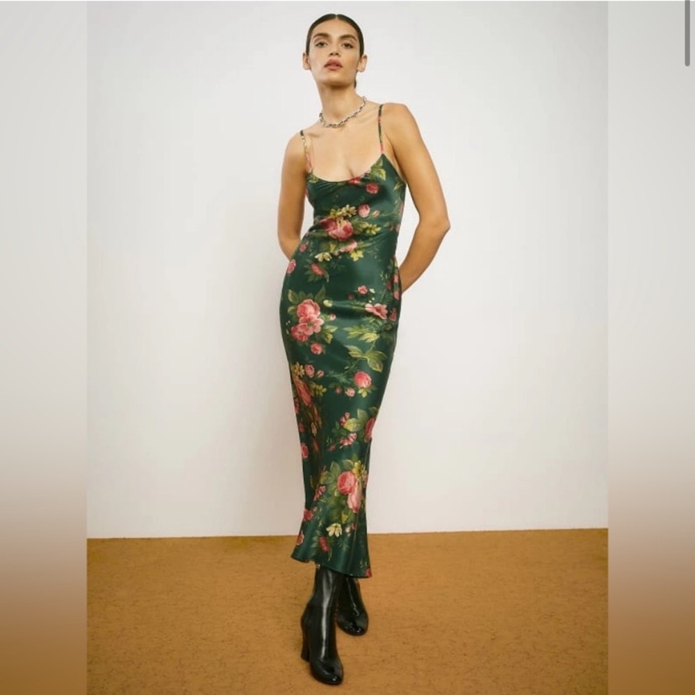 Reformation Parma Silk Green Floral Maxi Dress